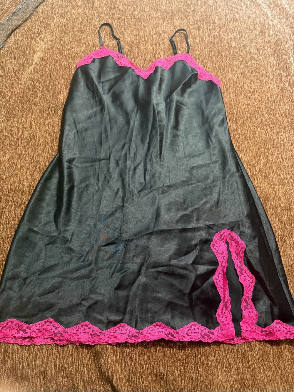 Victoria's Secret Black Slip Chemise with Hot Pink Lace